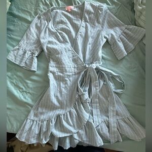 Blue and white striped wrap mini dress